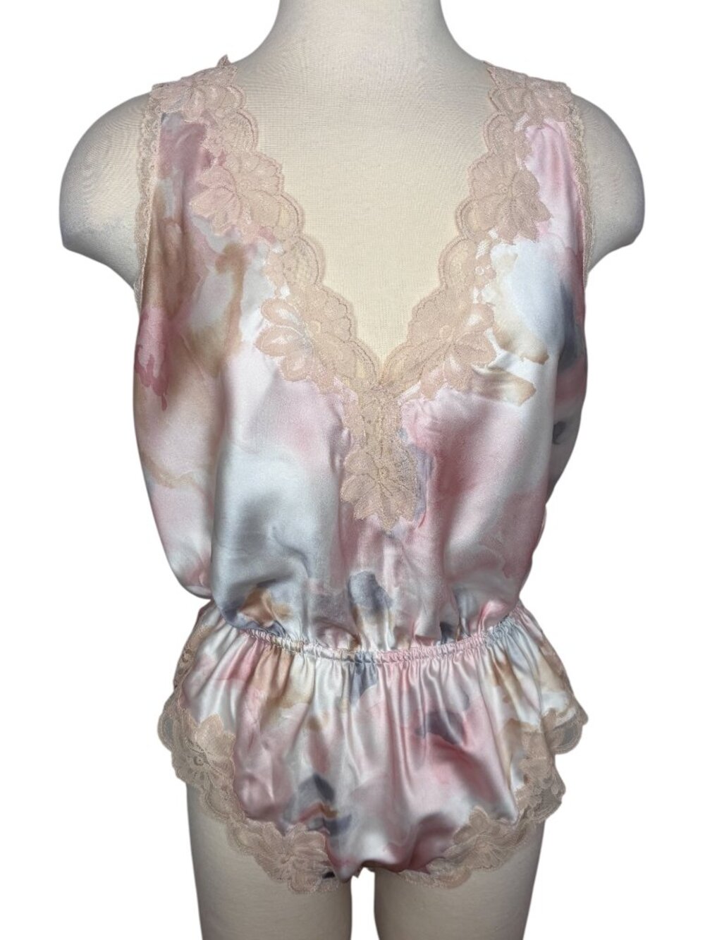 Vintage Miss Elaine Floral Satin Teddy Romper Lace Trim Lingerie Size Large